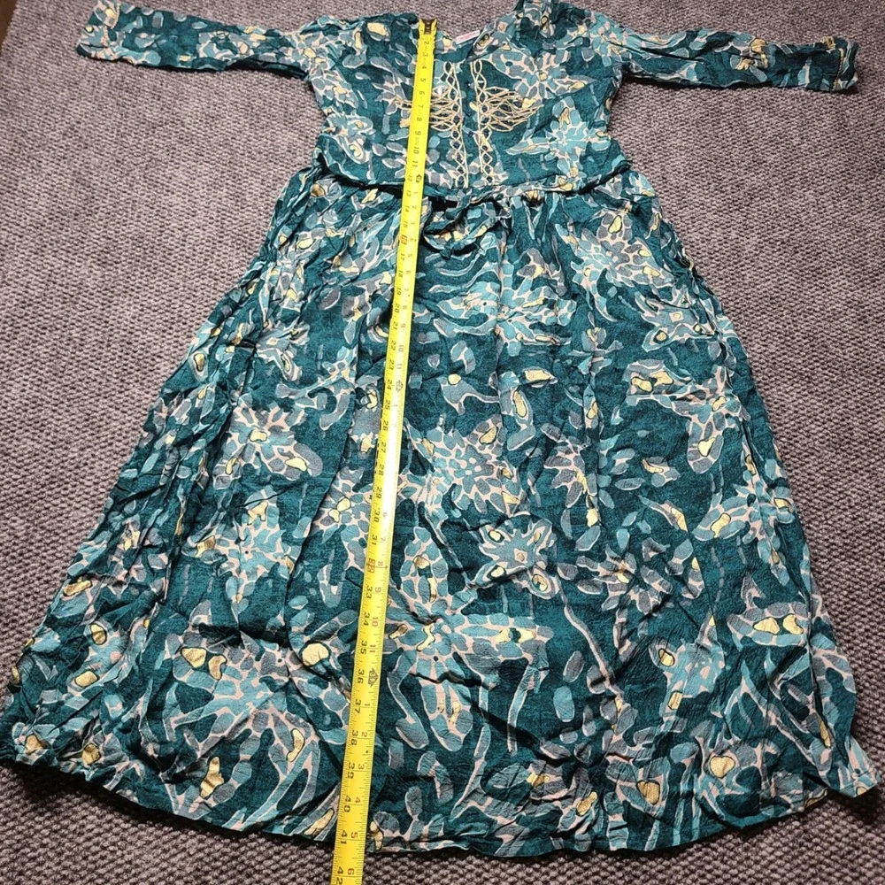 Kanchan Kids Teal Gold Foil Abstract Floral Embroidered Maxi Dress Size 40